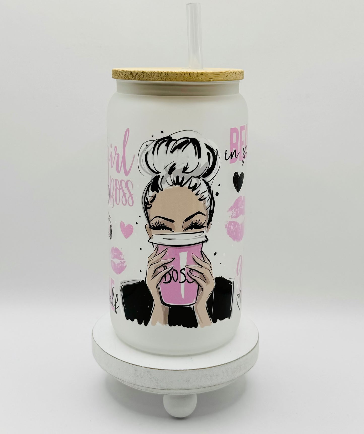 Girl Boss 16oz Glass Cup With Lid