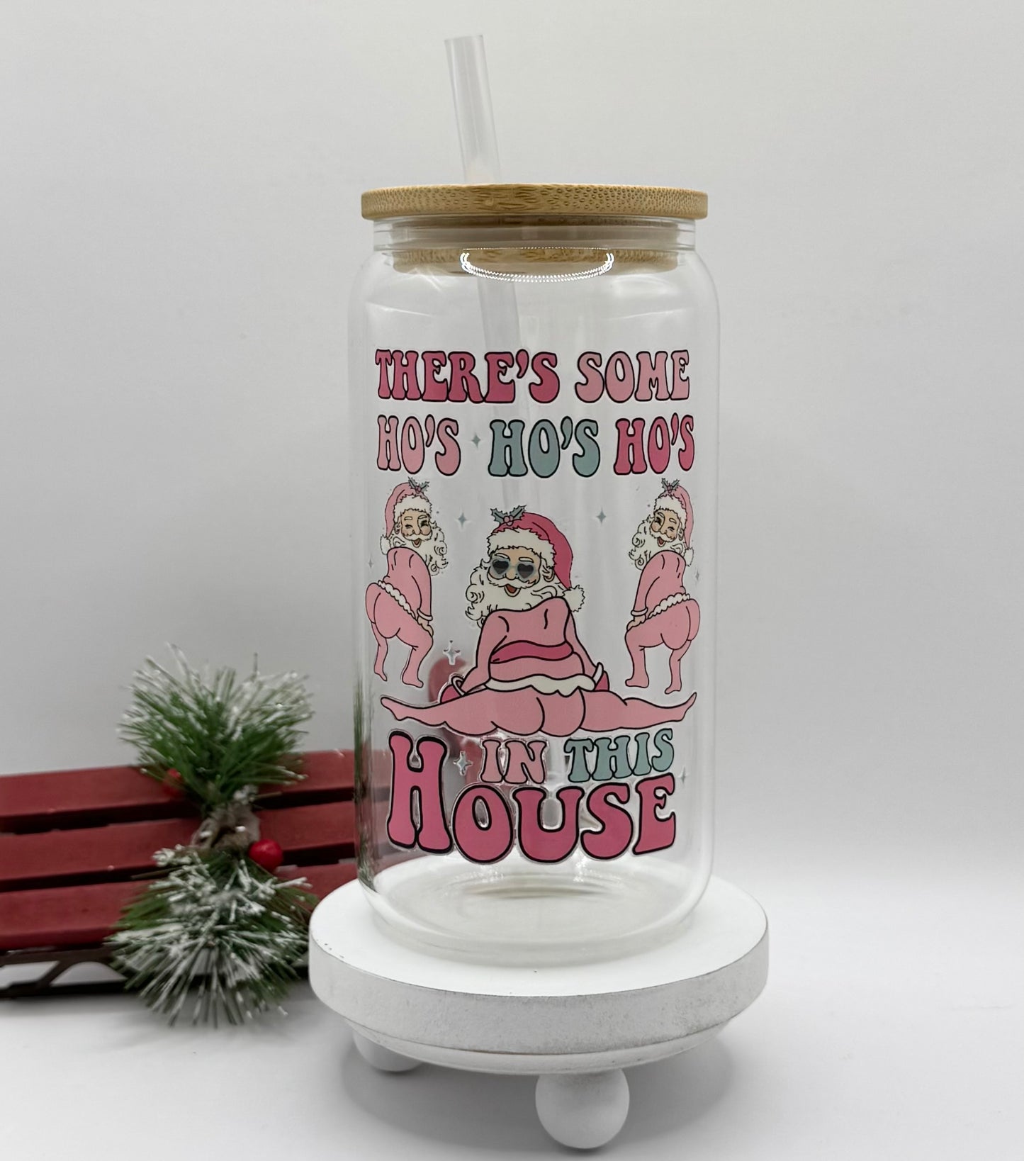 Ho Ho Ho’s 16oz Glass Cup With Lid