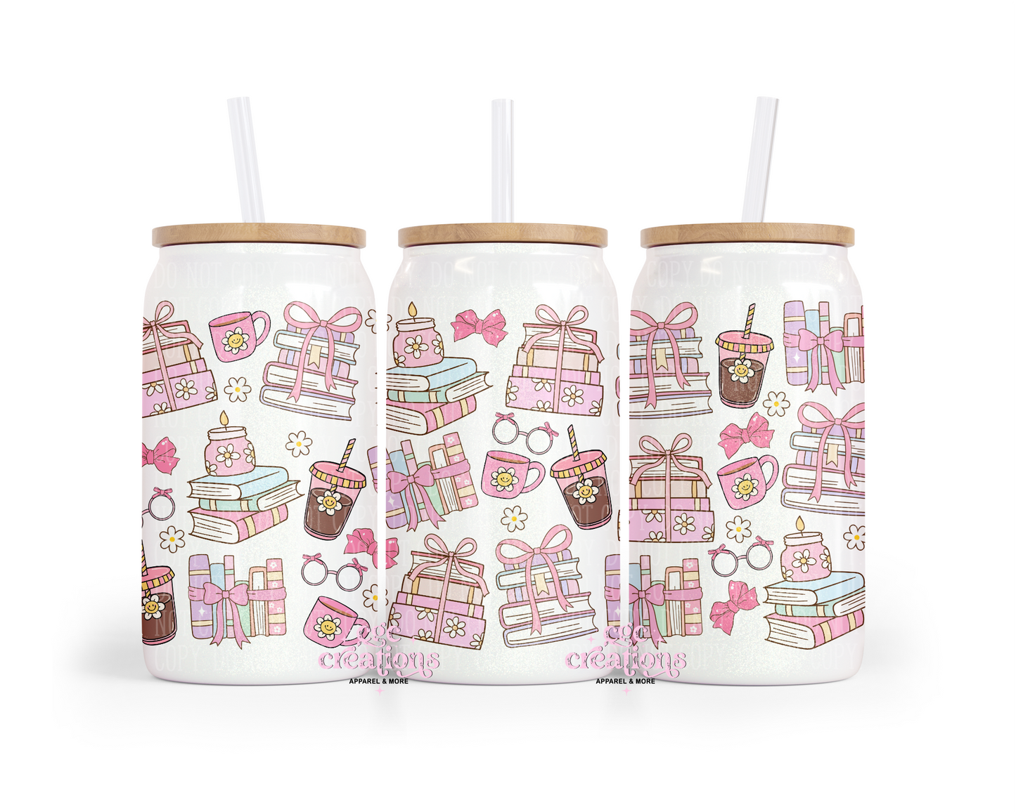 Books And Iced Coffee Girly 16oz Glass Cup With Lid