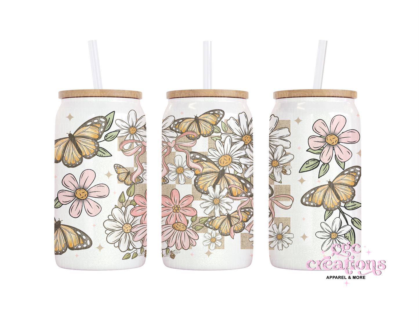 Butterflies And Daisies 16oz Glass Cup With Lid
