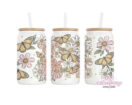 Butterflies And Daisies 16oz Glass Cup With Lid