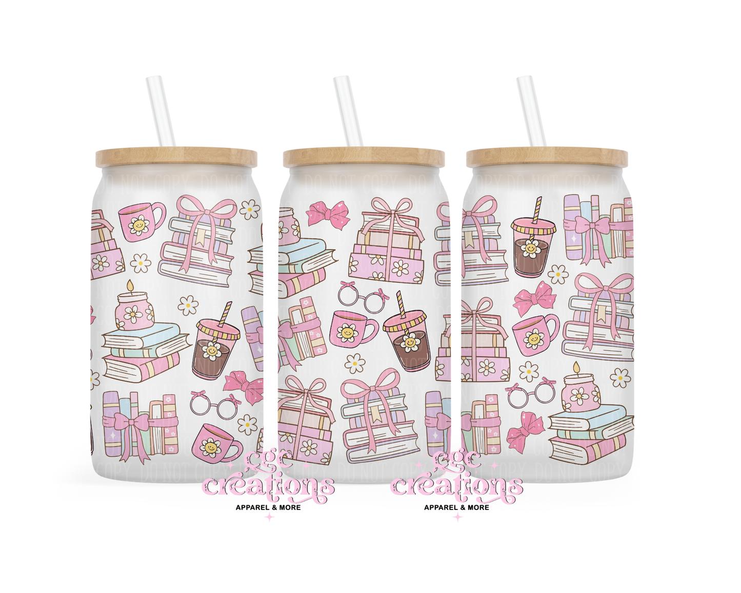 Books And Iced Coffee Girly 16oz Glass Cup With Lid