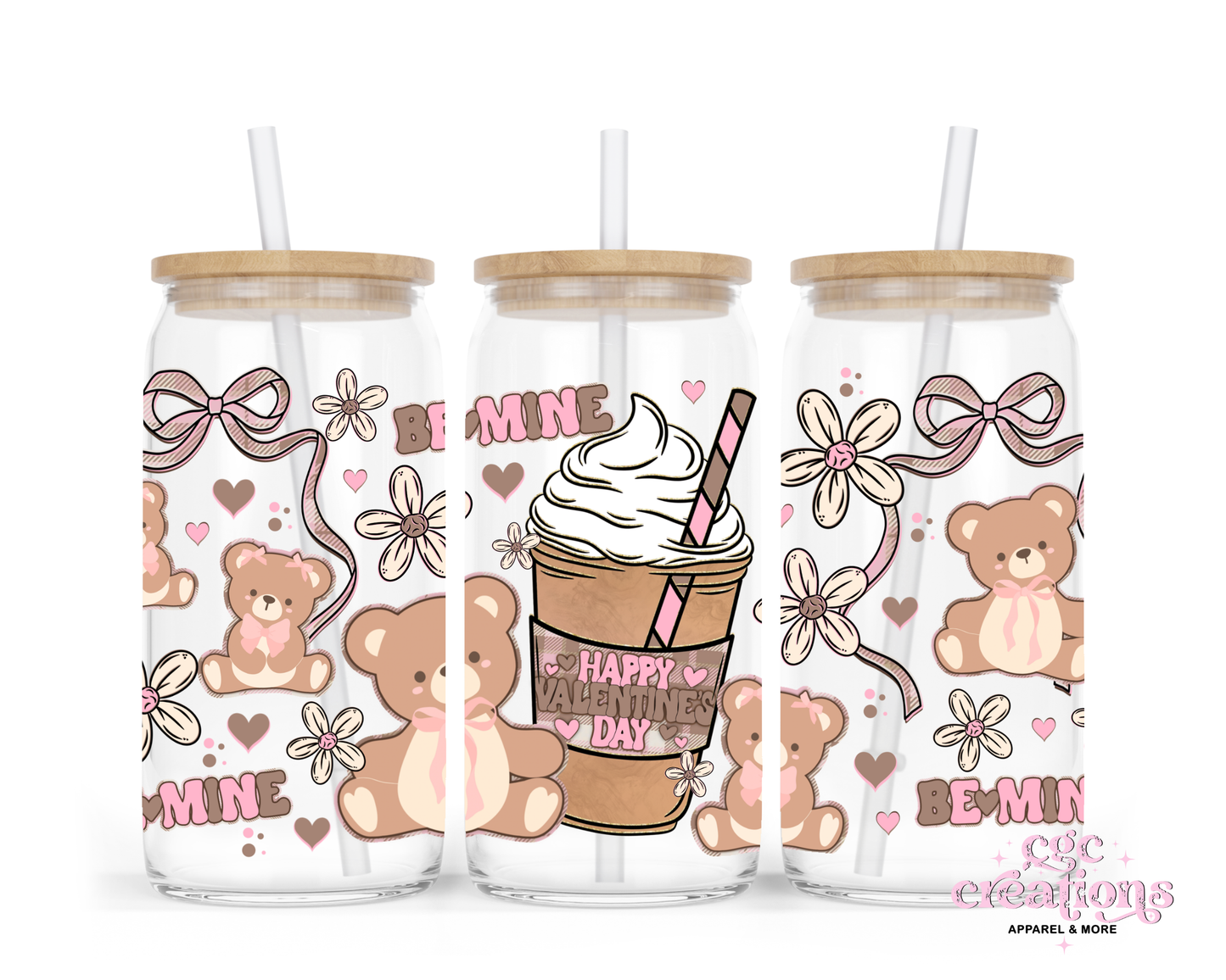 Be Mine Bear #2 16oz Glass Cup With Lid