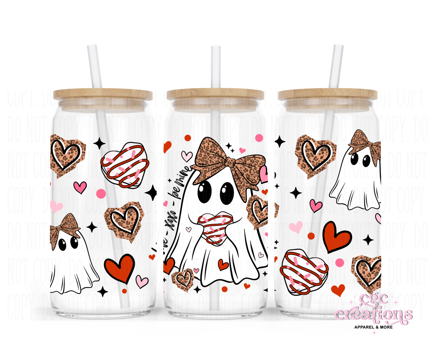 Cute Valentine's Ghost 16oz Glass Cup With Lid