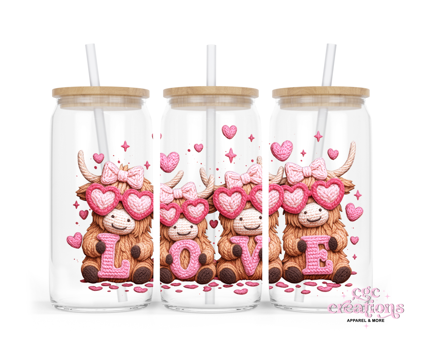 Highland Cow Love 16oz Glass Cup With Lid