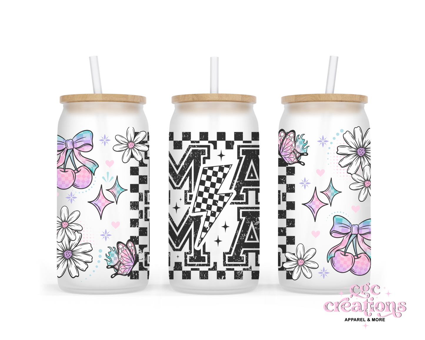 Checkered Mama 16oz Glass Cup With Lid