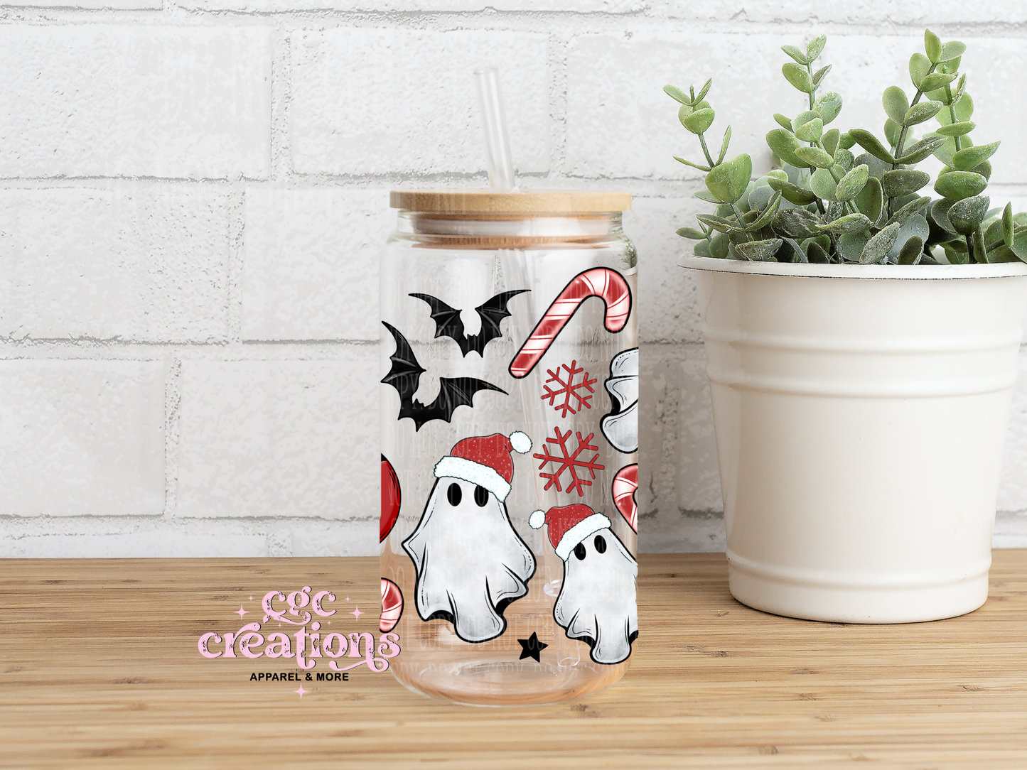 Christmas Ghost #2 16oz Glass Cup With Lid