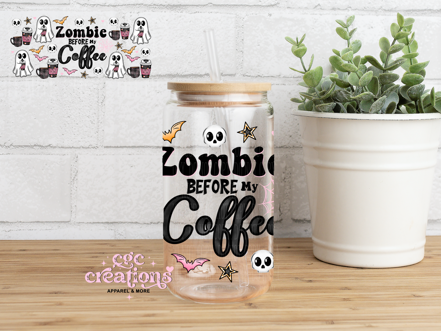 Zombie Before My Coffee 16oz Glass Cup With Lid
