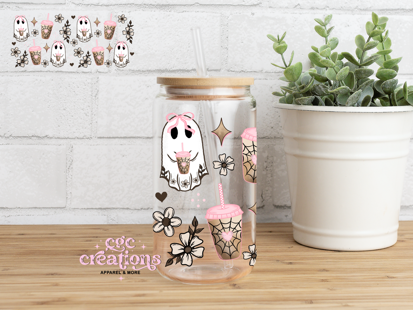 Cute Ghostie 16oz Glass Cup With Lid