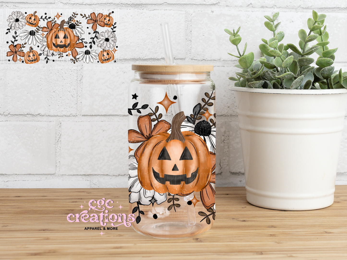 Floral Pumpkin 16oz Glass Cup With Lid