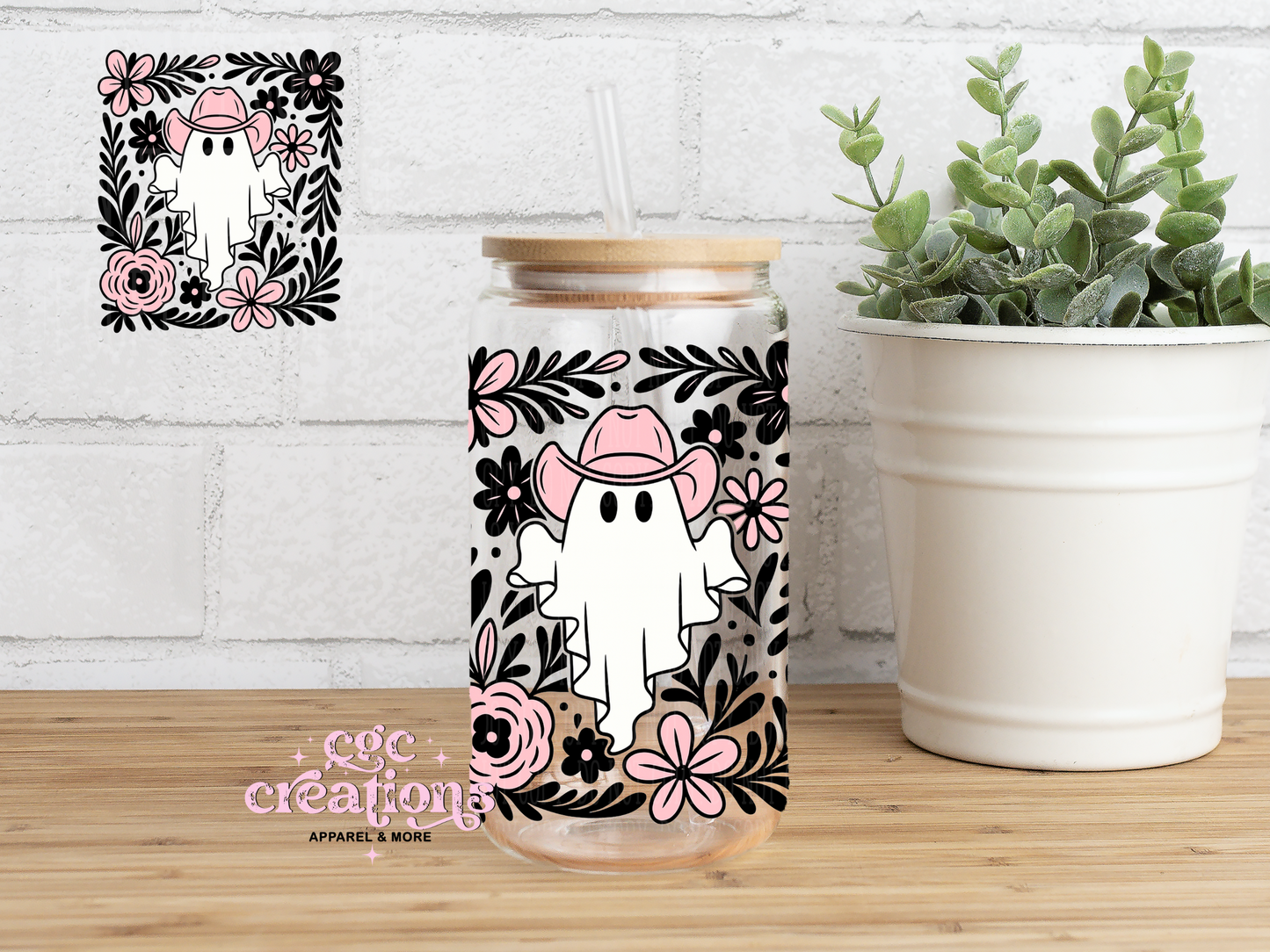 Boho Cowboy Ghost (pink) 16oz Glass Cup With Lid