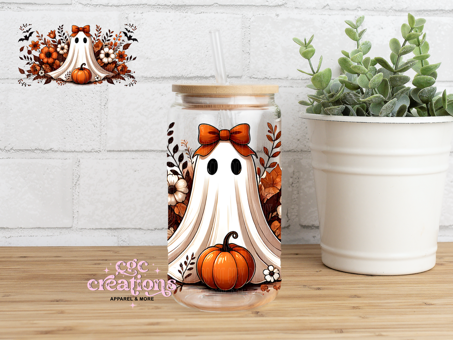 Floral Ghost 16oz Glass Cup With Lid