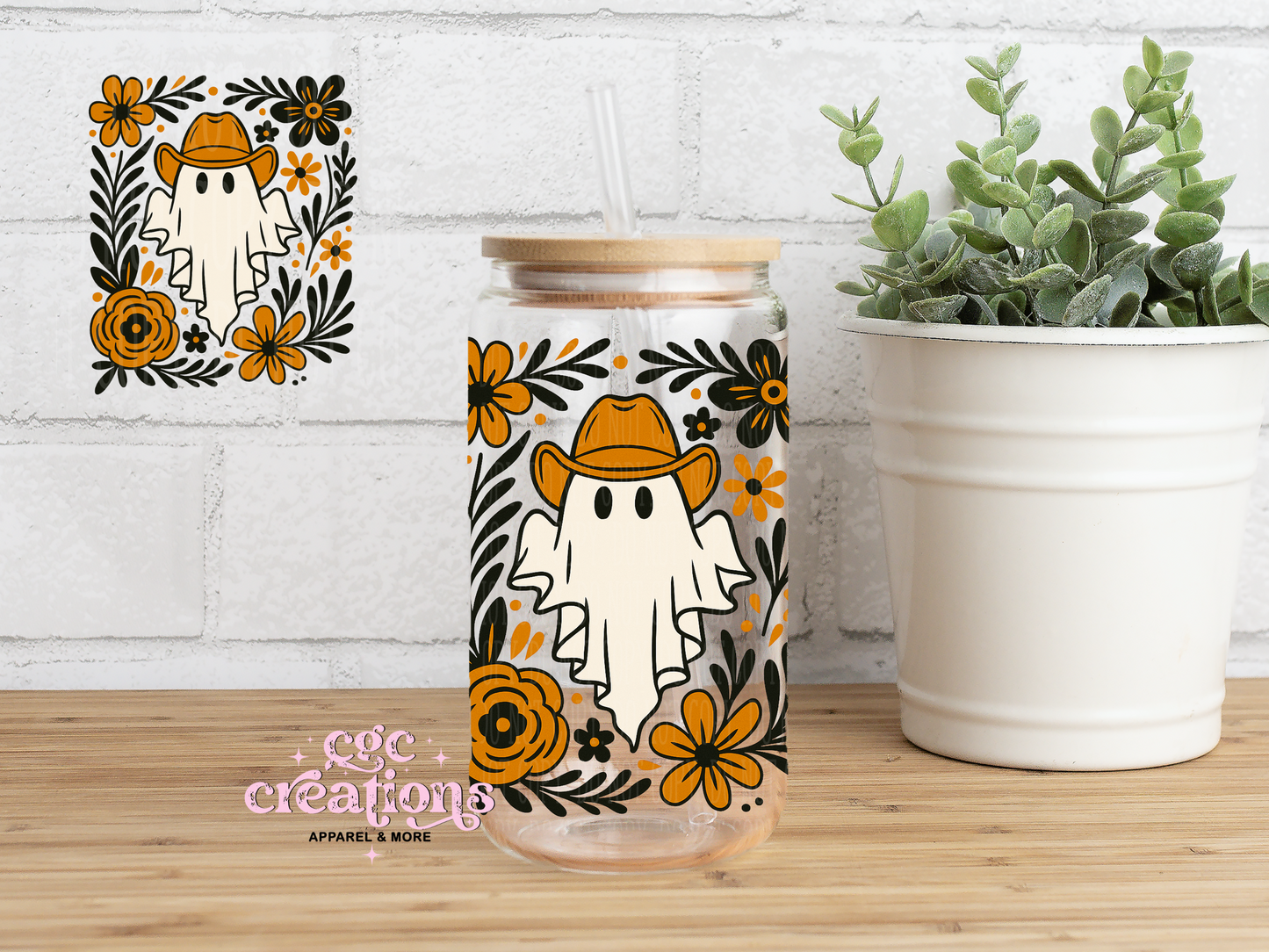 Boho Cowboy Ghost (orange) 16oz Glass Cup With Lid