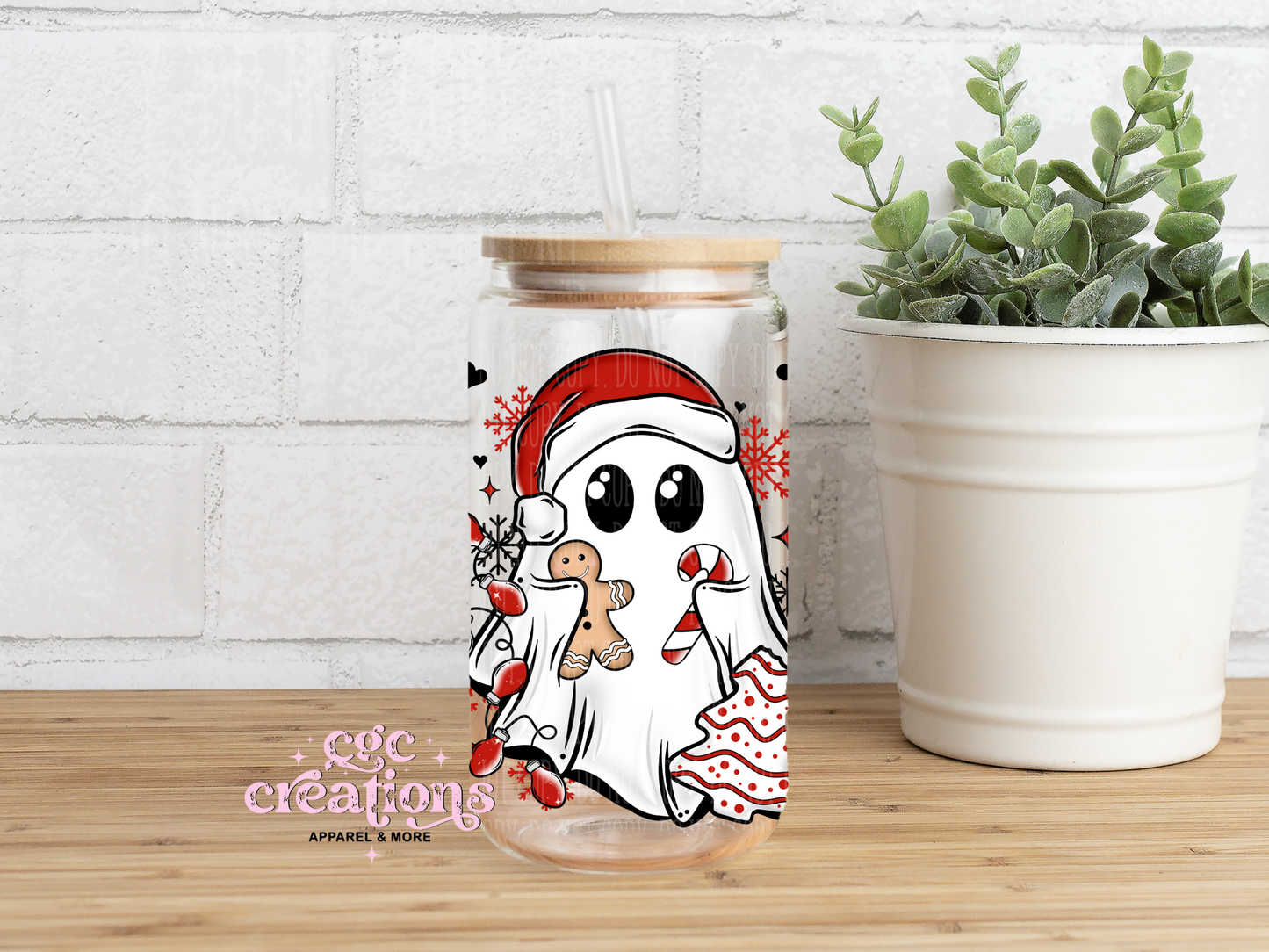 Christmas Ghost 16oz Glass Cup With Lid