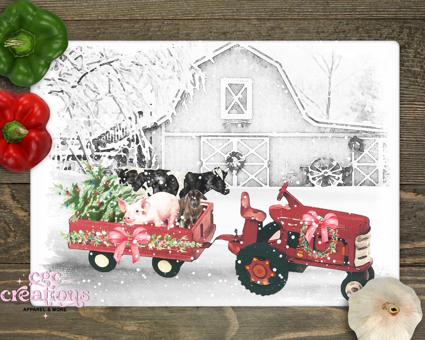 Red Tractor Christmas Scene Glass Cutting Board