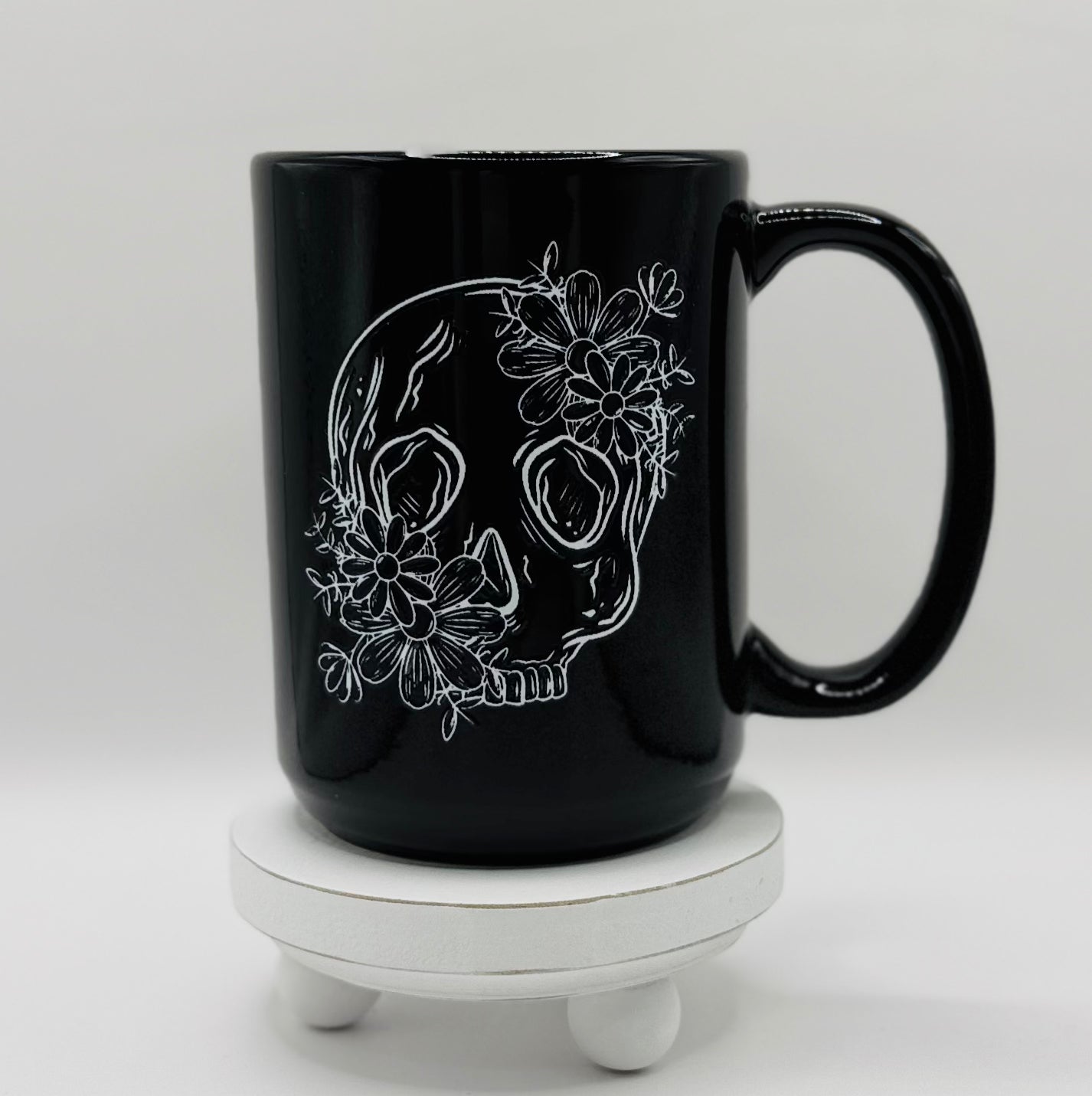 Floral Skull Black 15 oz Ceramic Coffee Mug