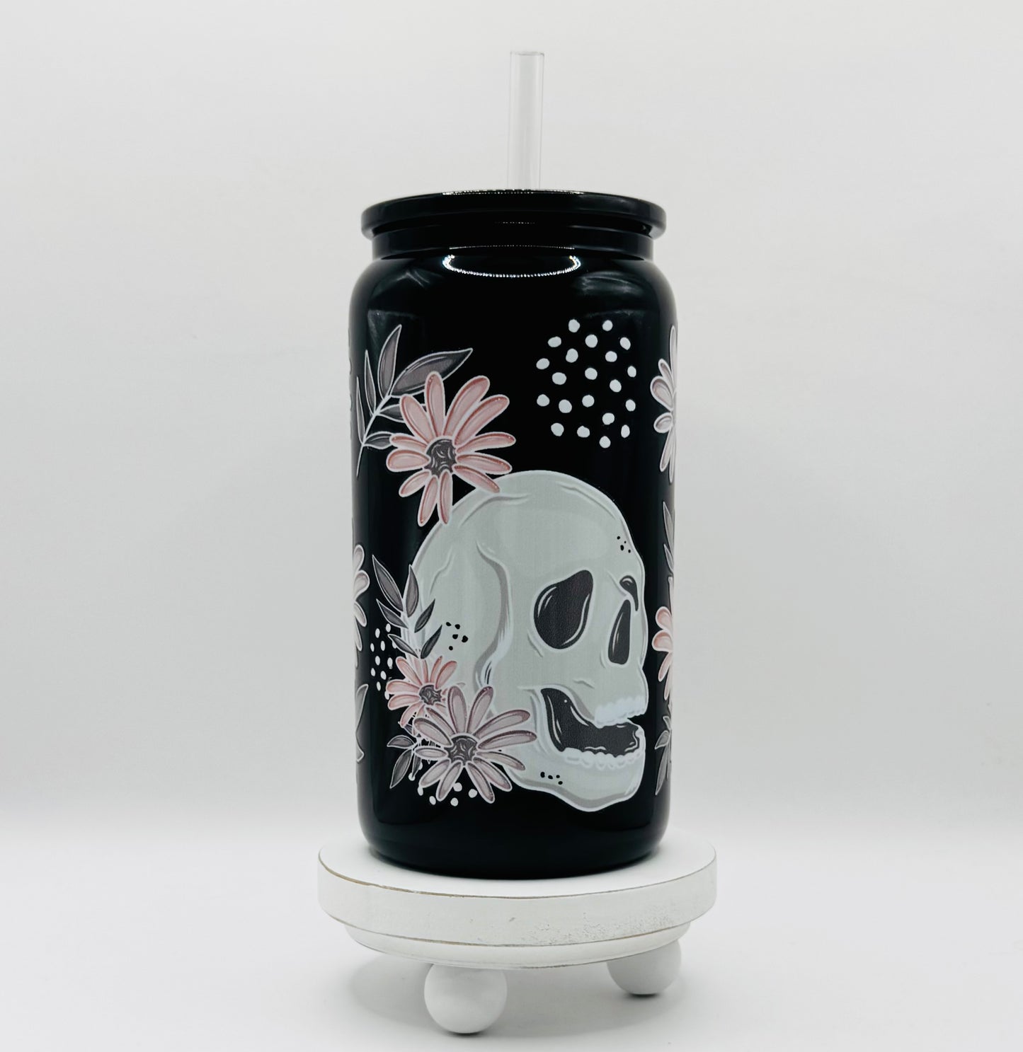 Cute Skellie 16oz Glass Cup With Lid