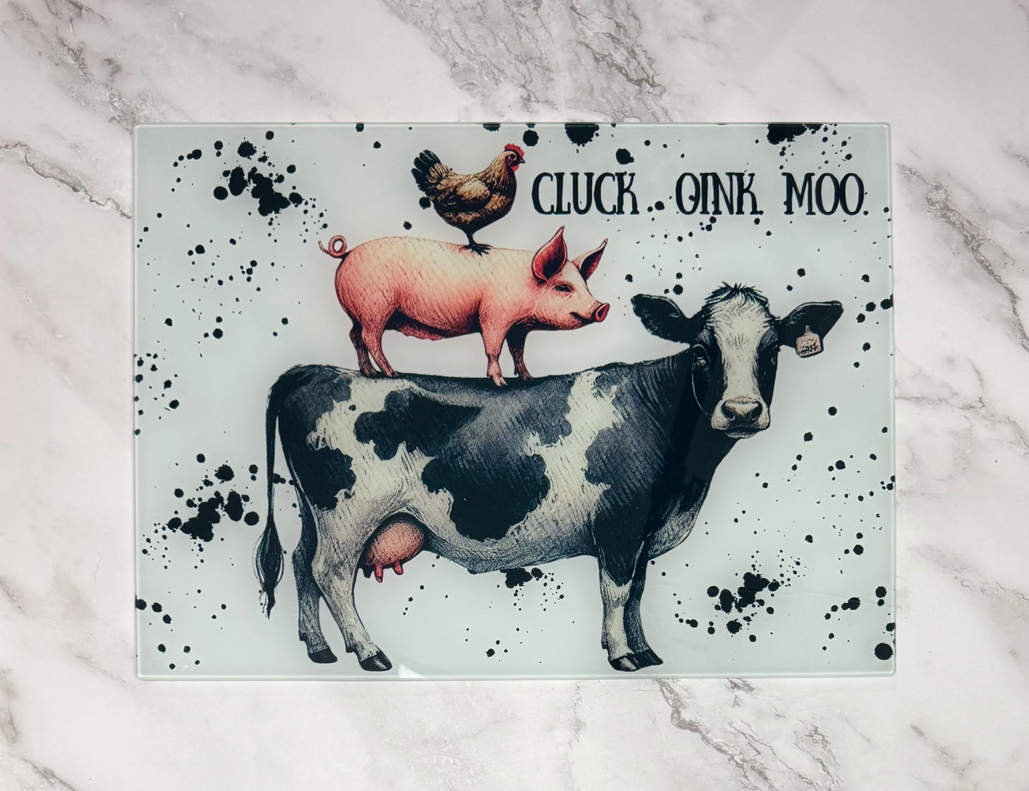 Cluck Oink Moo Glass Cutting Board