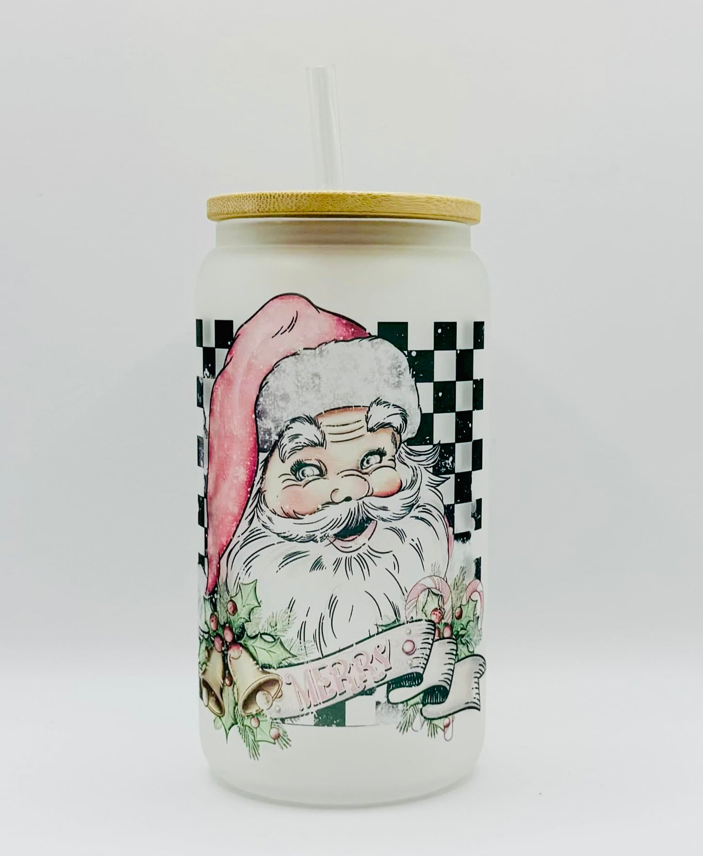 Merry Santa 16oz Glass Cup With Lid
