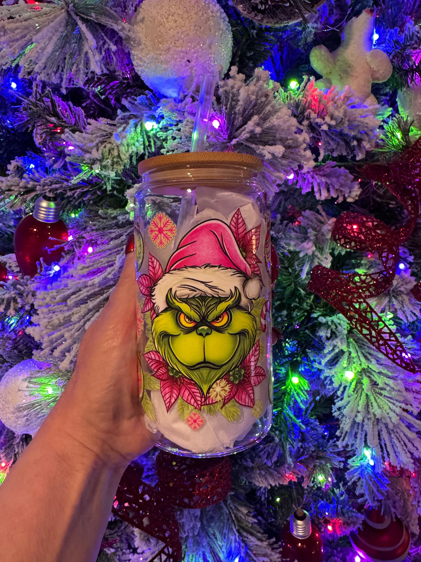 Mean One Poinsettias 16oz Glass Cup With Lid