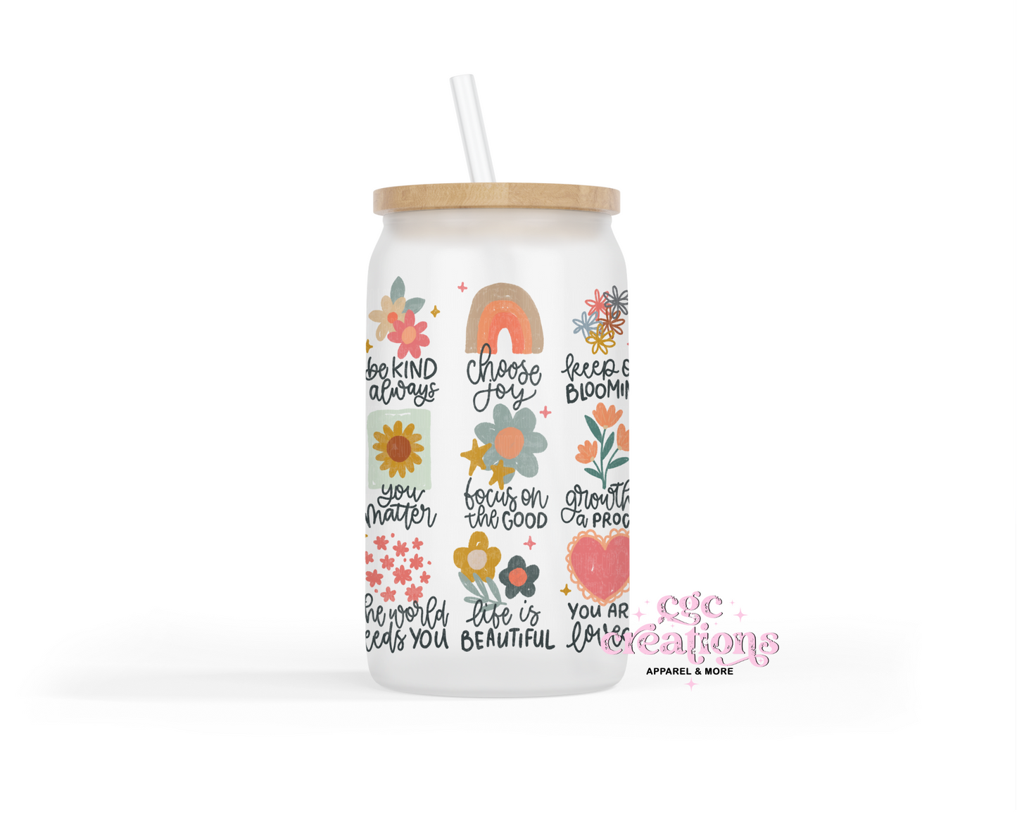 Positive Affirmations 16oz Glass Cup With Lid