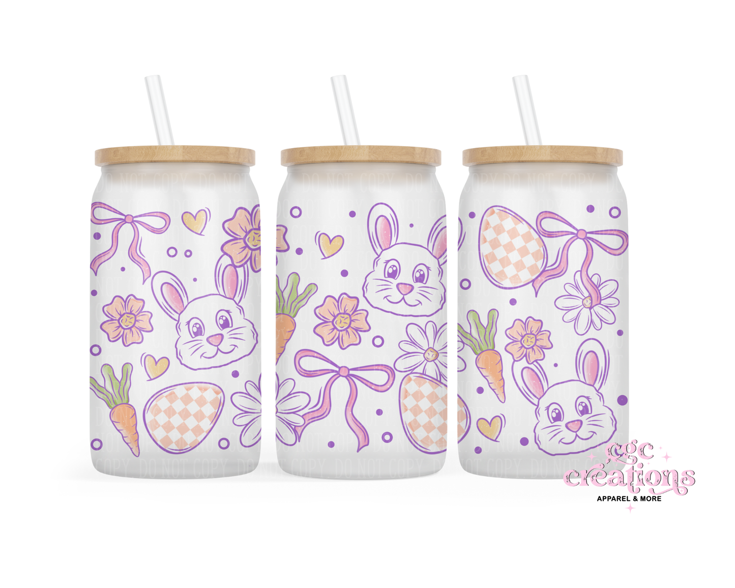 Cute Retro Purple Bows and Bunnies 16oz Glass Cup With Lid