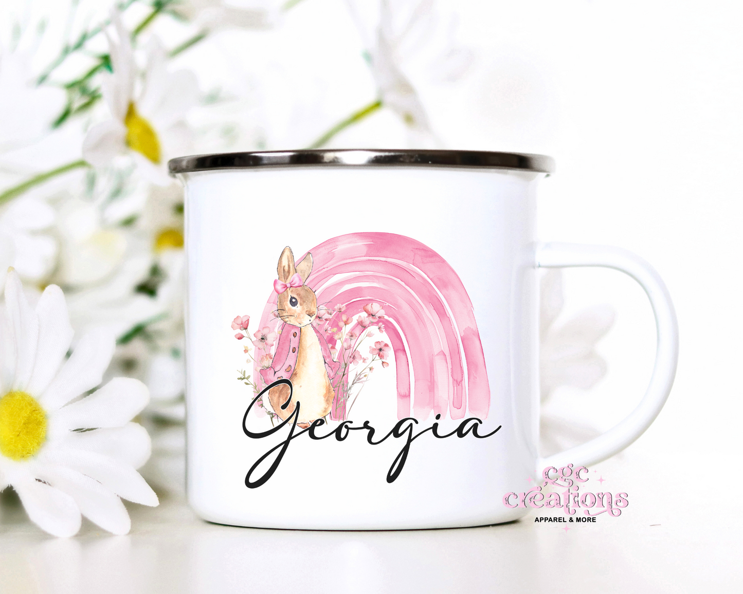Personalized Rainbow Bunny Enamel Mug