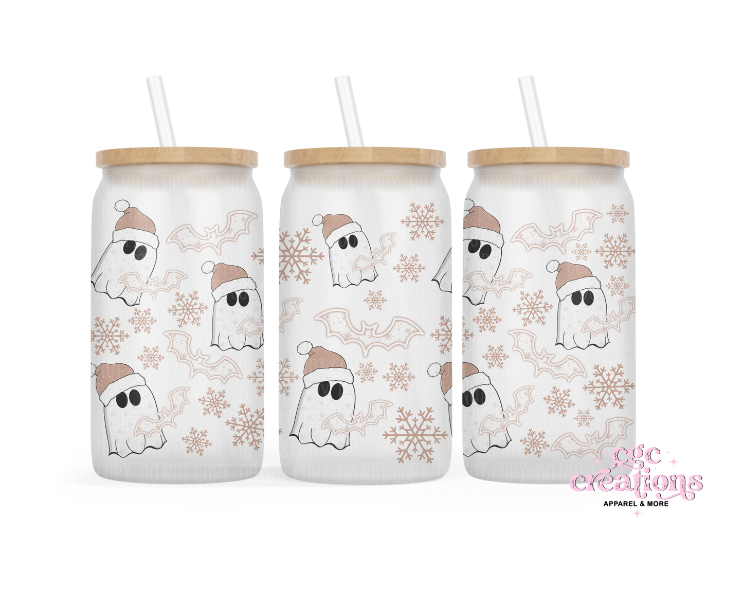 Christmas Ghostie #3 16oz Glass Cup With Lid