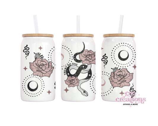 Trust No One 16oz Glass Cup With Lid