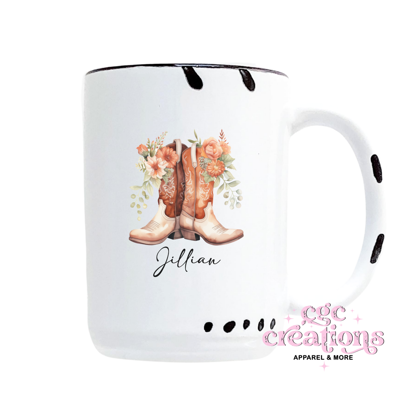 Personalized Cowgirl Boots Coral 15oz Ceramic Coffee Mug