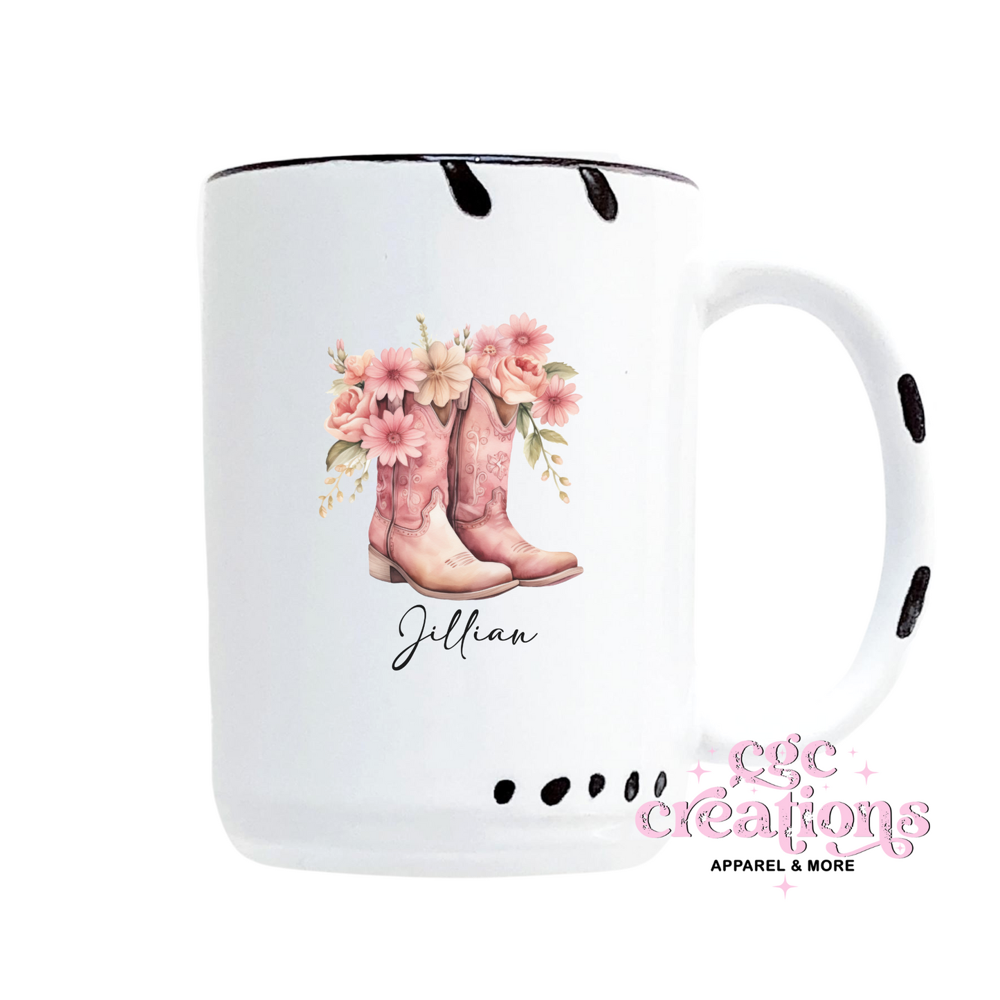 Personalized Cowgirl Boots Pink 15oz Ceramic Coffee Mug