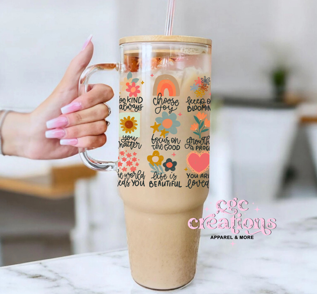 Positive Affirmations 40oz Glass Cup With Bamboo Lid