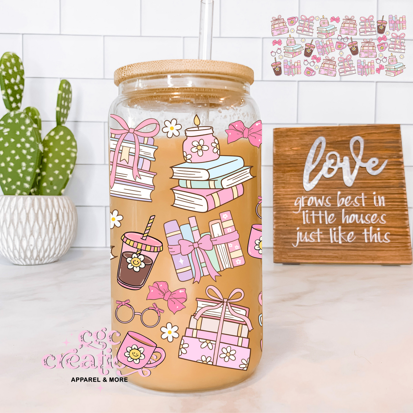 Books And Iced Coffee Girly 16oz Glass Cup With Lid
