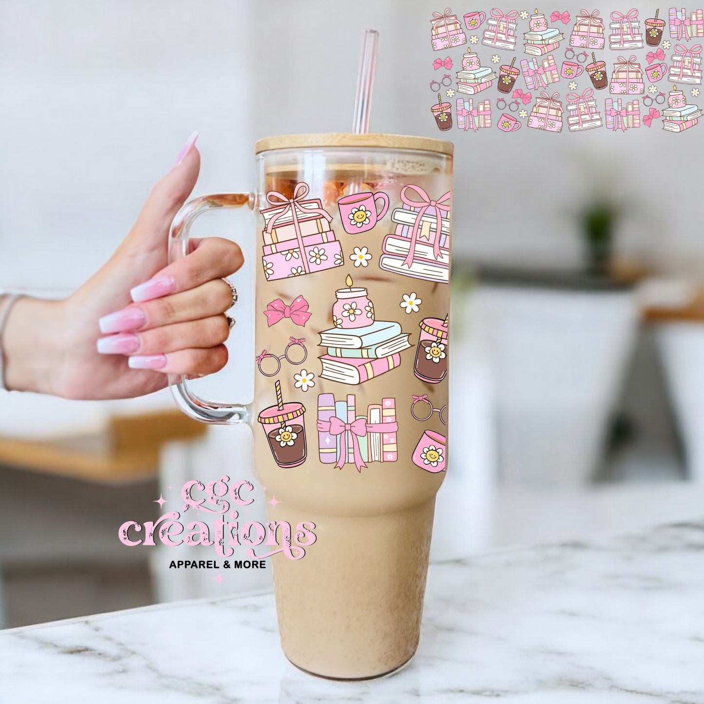 Books And Iced Coffee Girly 40oz Glass Cup With Bamboo Lid