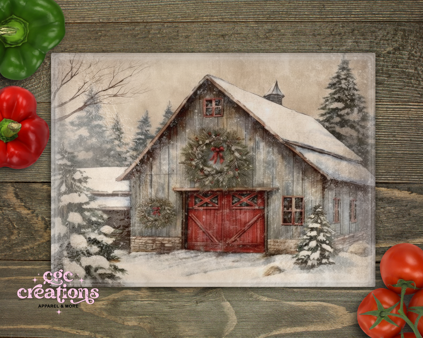 Winter Barn Glass Cutting Board