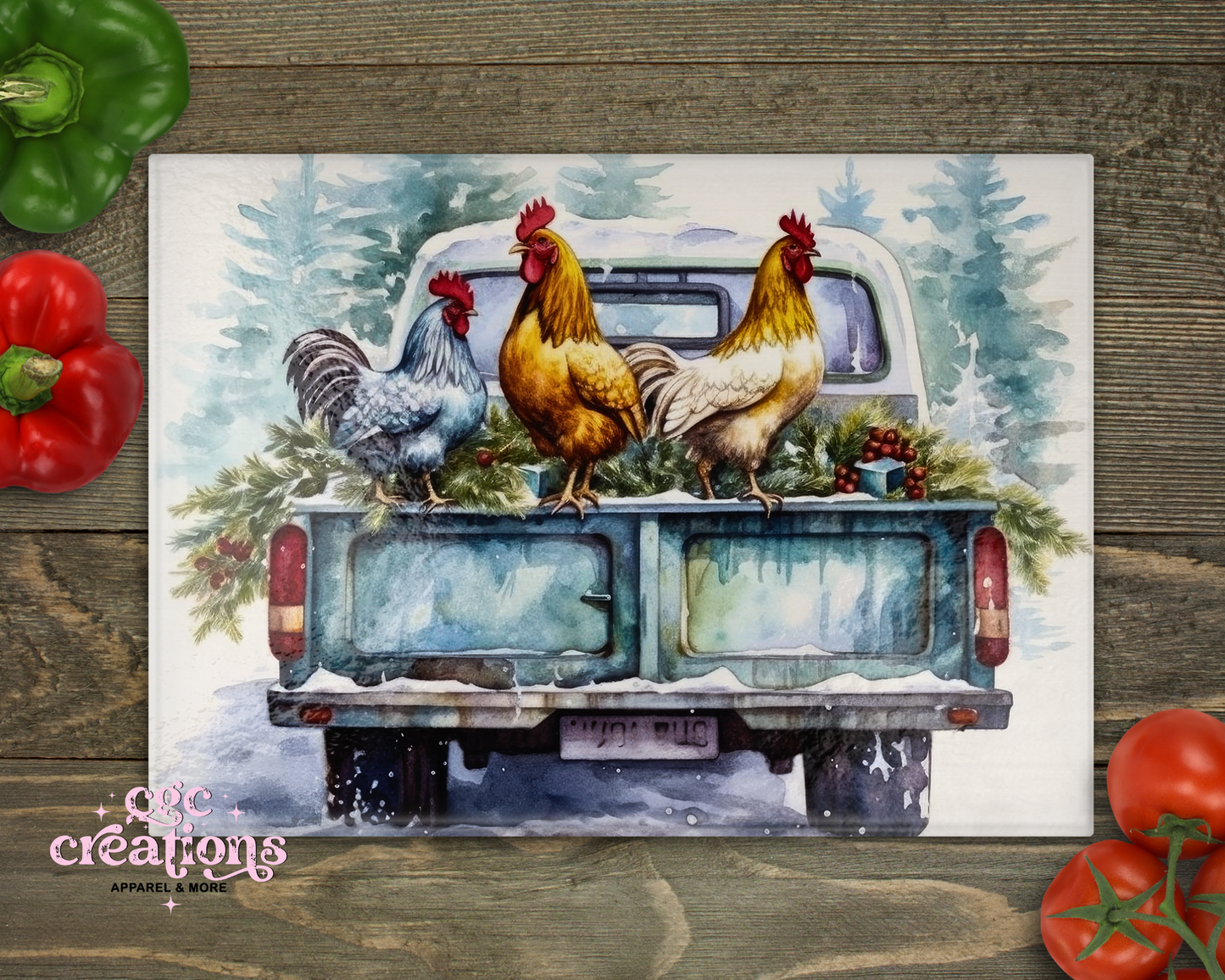 Rooster Truck Glass Cutting Board