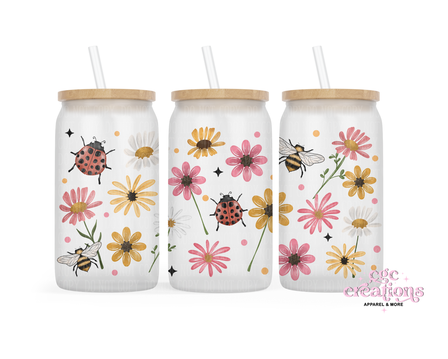 Wildflower Lady Bug 16oz Glass Cup With Lid