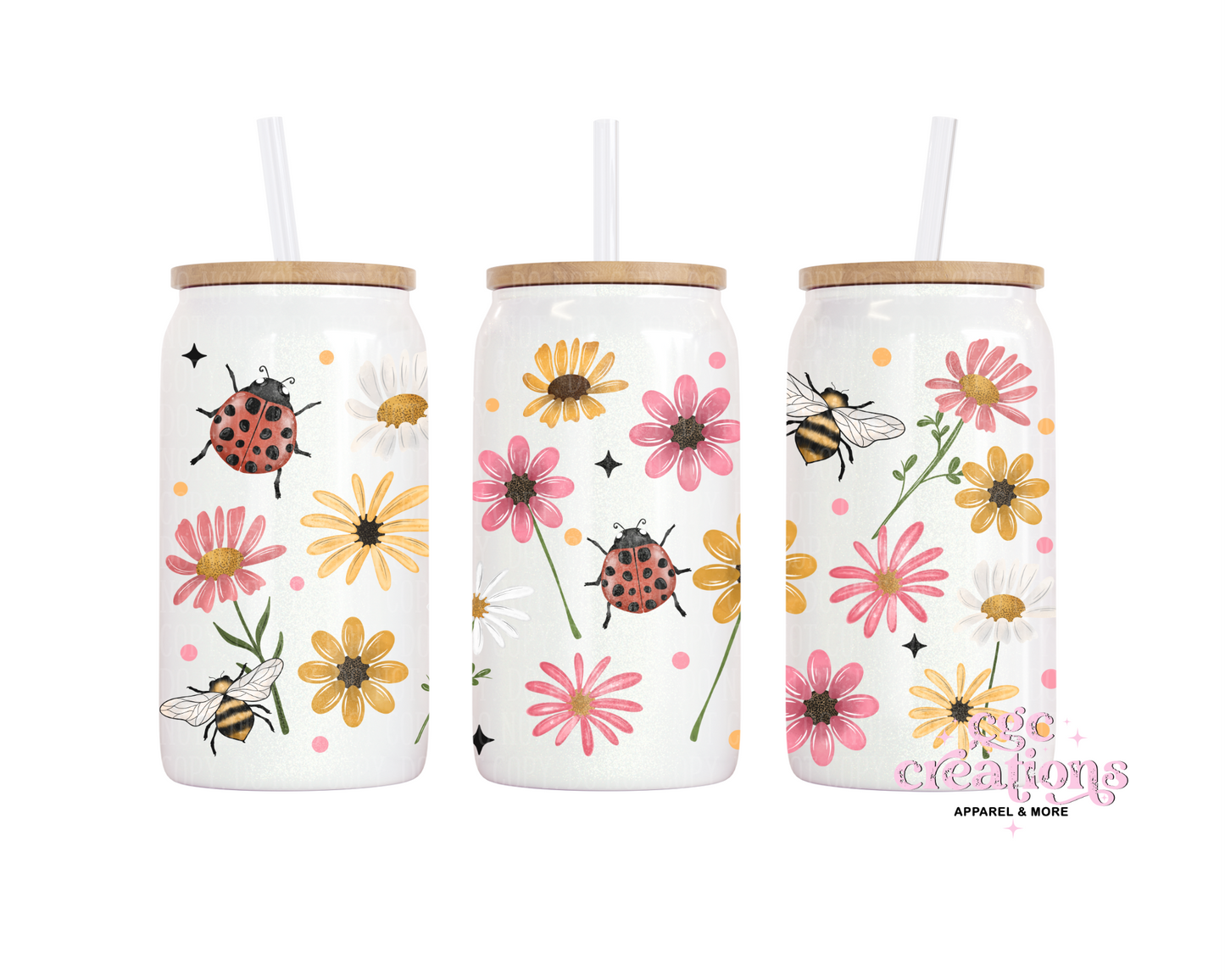 Wildflower Lady Bug 16oz Glass Cup With Lid