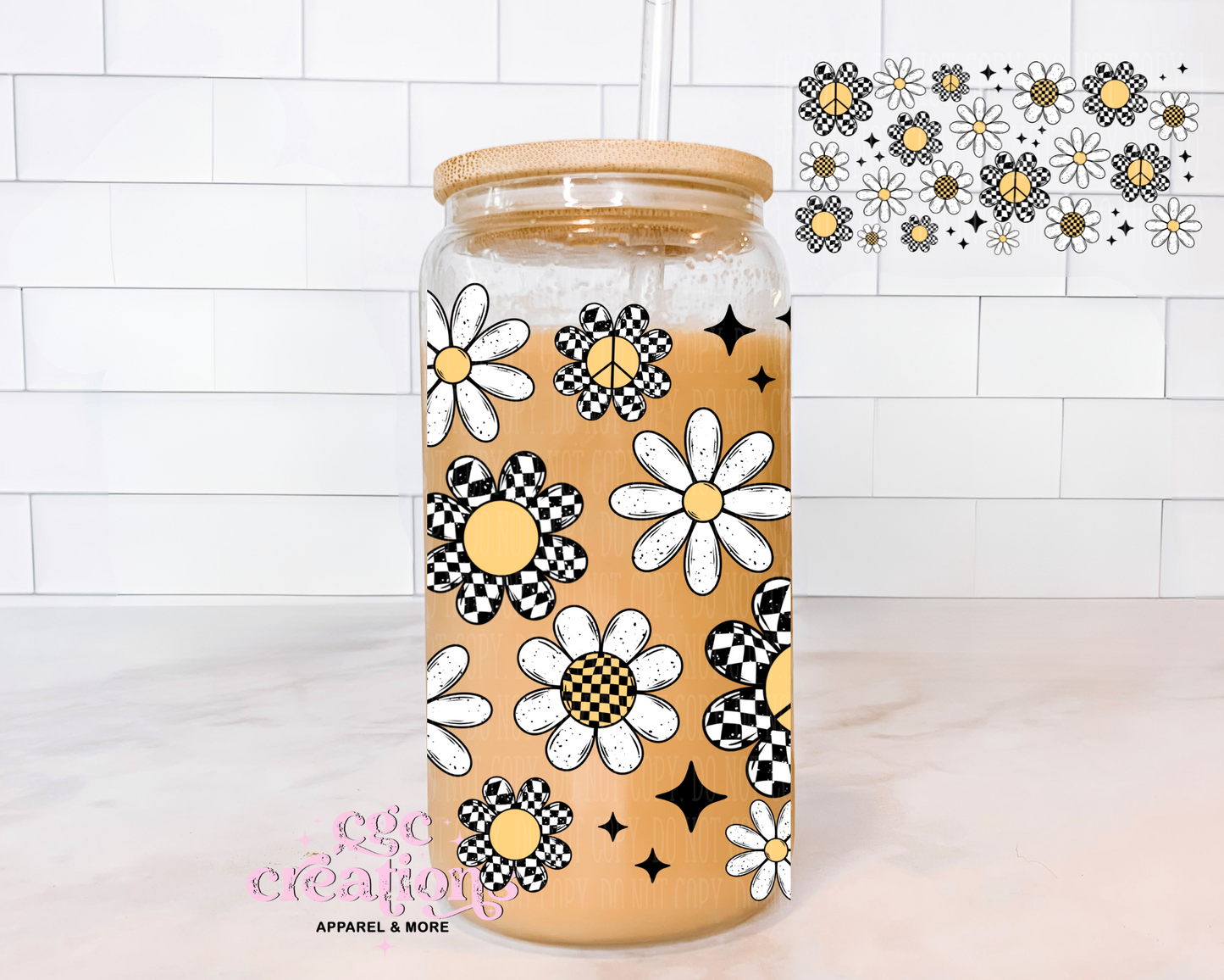 Retro Checkered Flowers 16oz Glass Cup With Lid