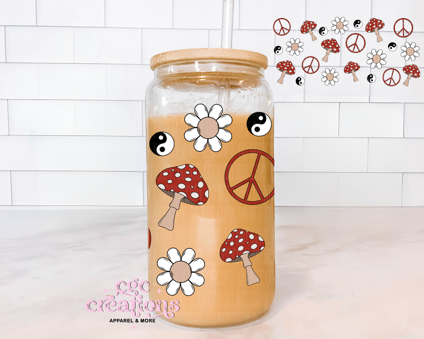 Retro Shroomy 16oz Glass Cup With Lid