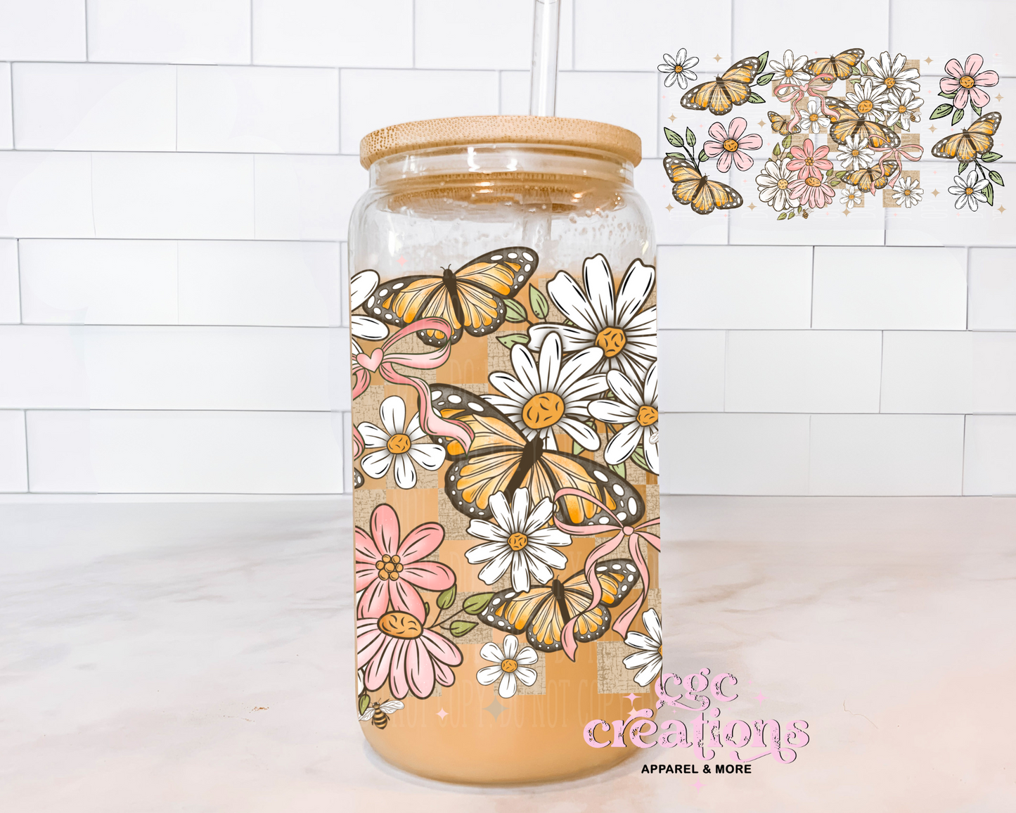 Butterflies And Daisies 16oz Glass Cup With Lid
