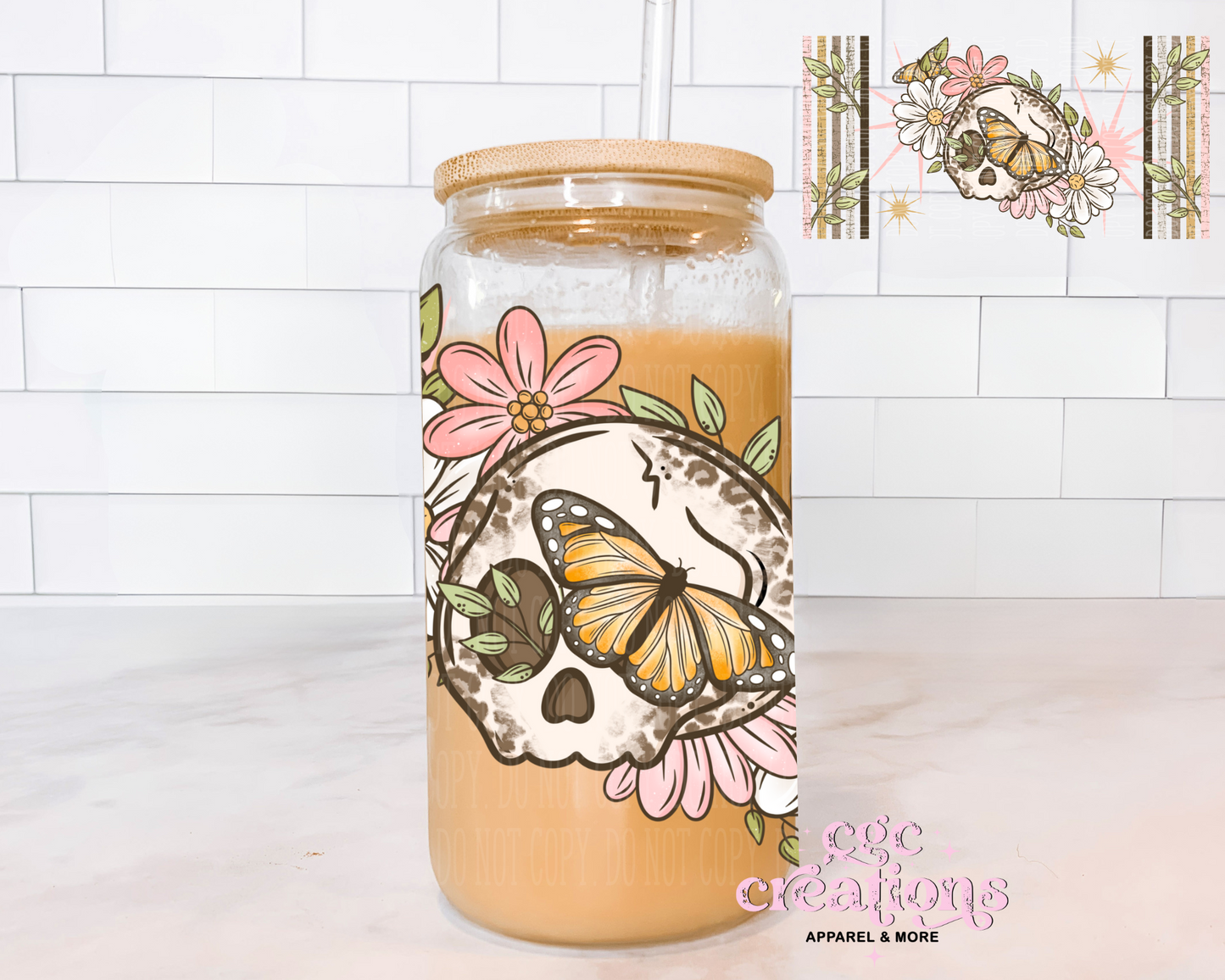 Leopard Skull 16oz Glass Cup With Lid