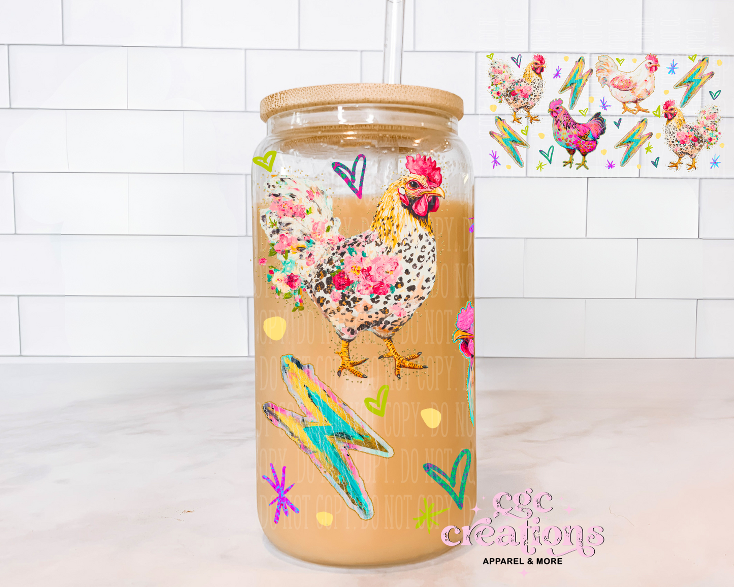 Mixed Colorful Chickens 16oz Glass Cup With Lid