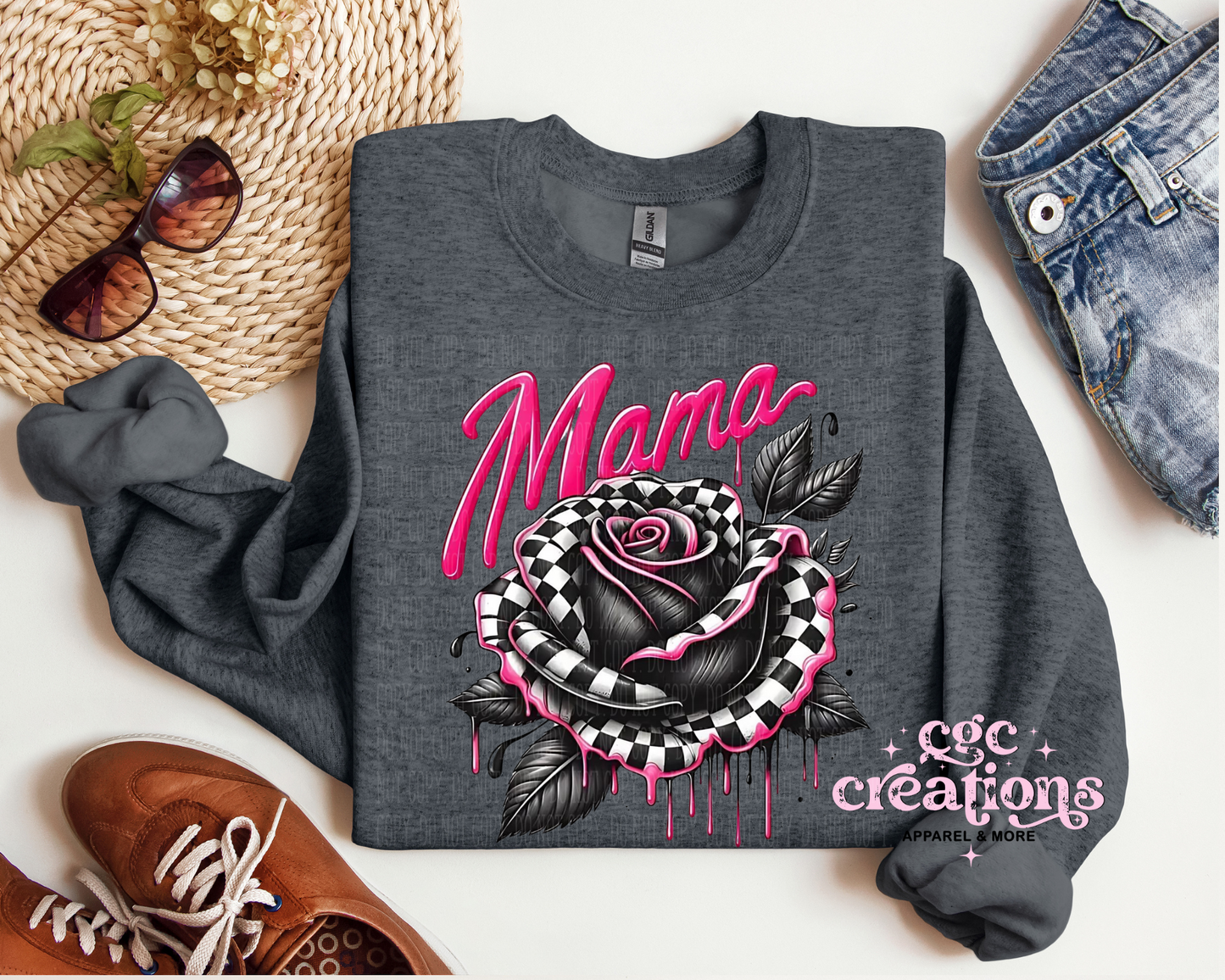Mama Checkered Rose Crewneck Sweatshirt