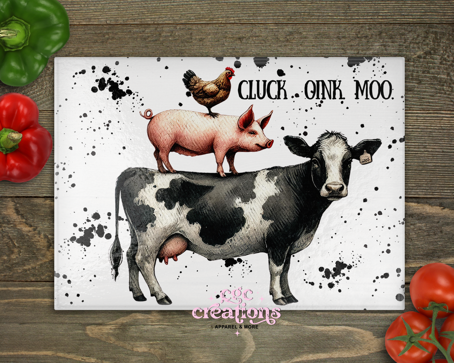 Cluck Oink Moo Glass Cutting Board