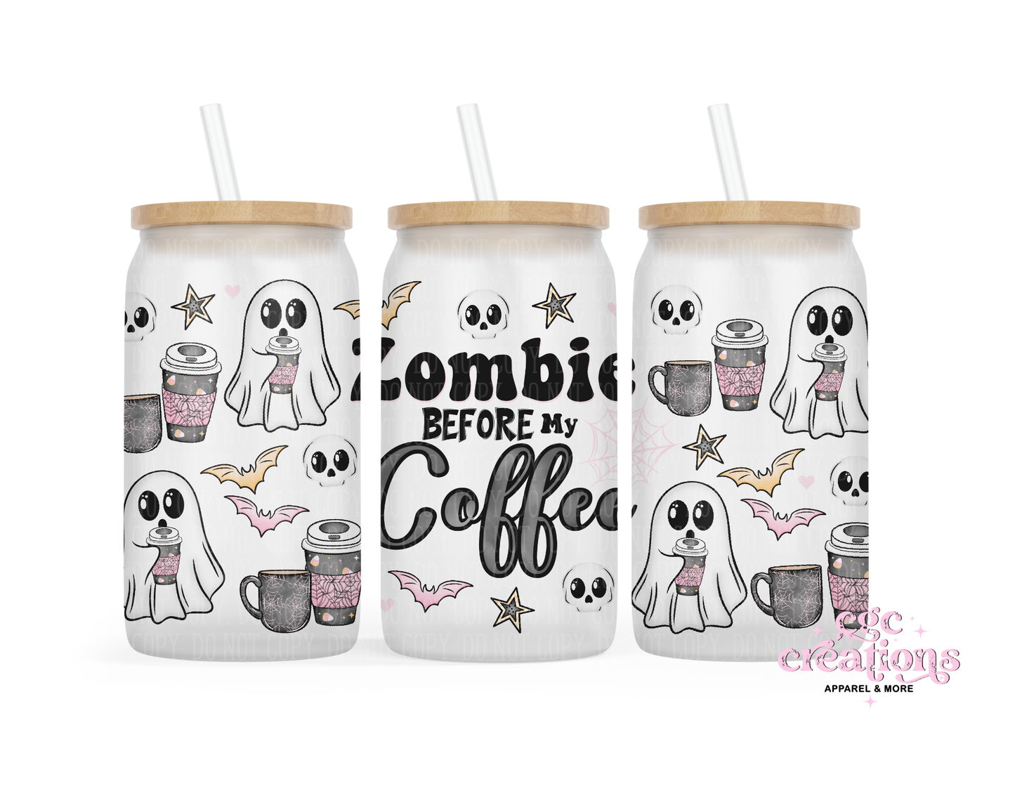 Zombie Before My Coffee 16oz Glass Cup With Lid