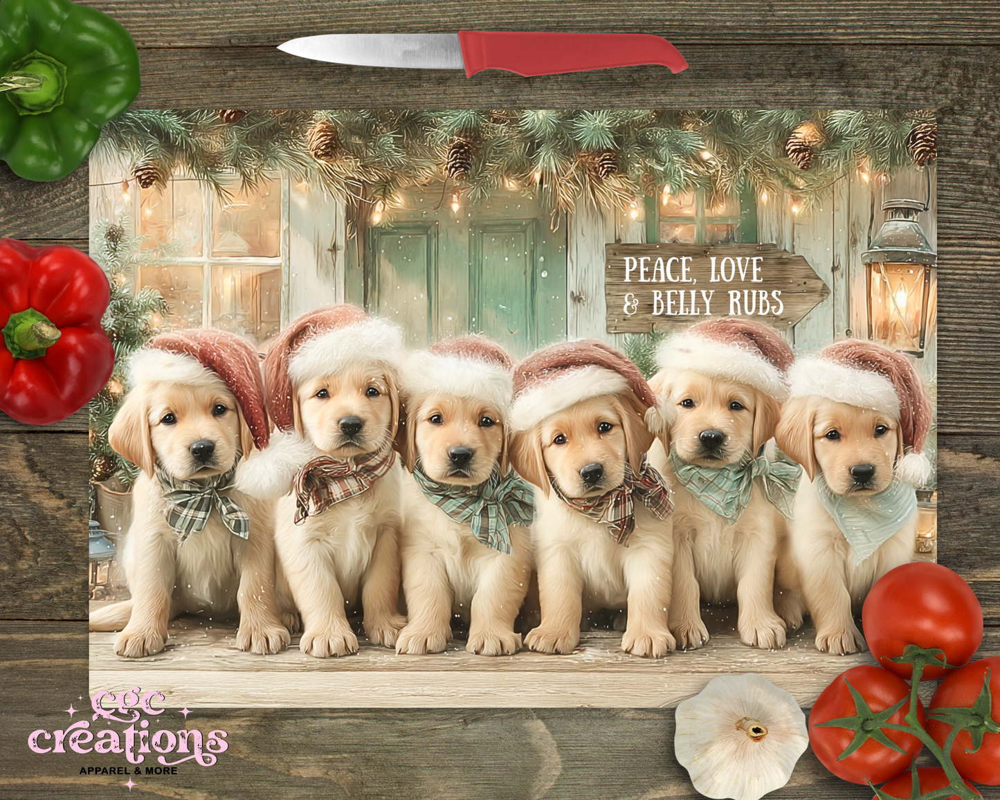 Peace, Love & Belly Rubs Glass Cutting Board