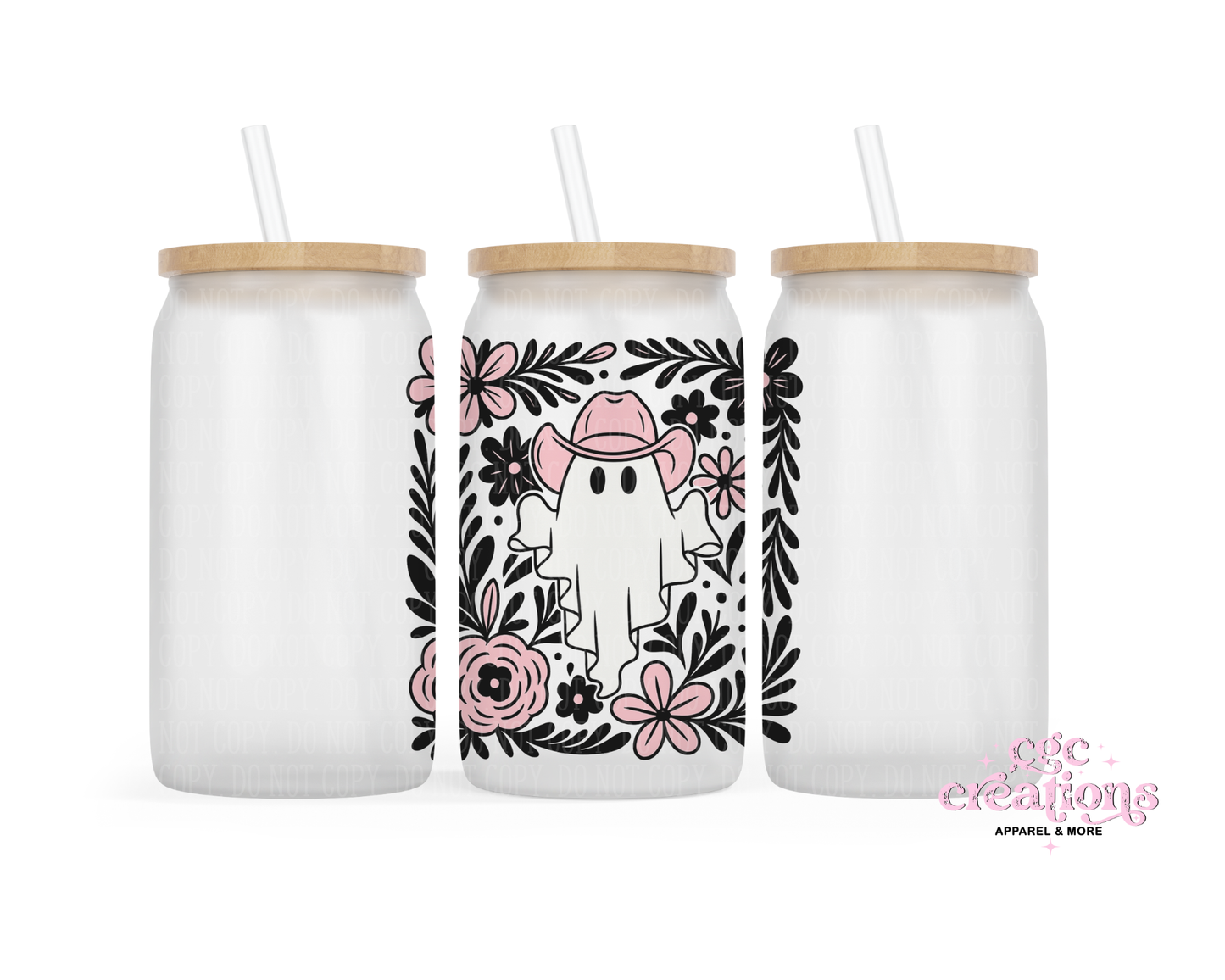 Boho Cowboy Ghost (pink) 16oz Glass Cup With Lid