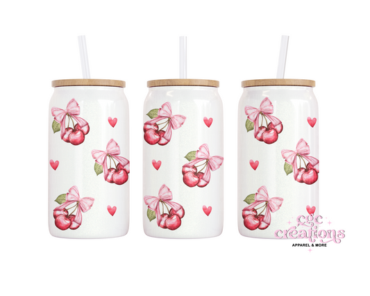 Cherry Coquette 16oz Glass Cup With Lid