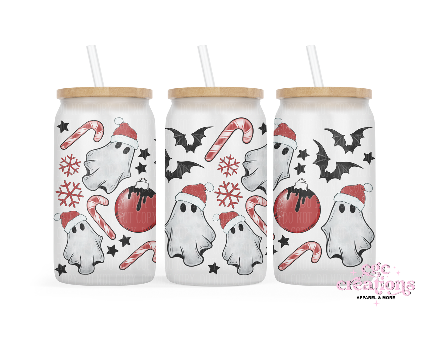 Christmas Ghost #2 16oz Glass Cup With Lid